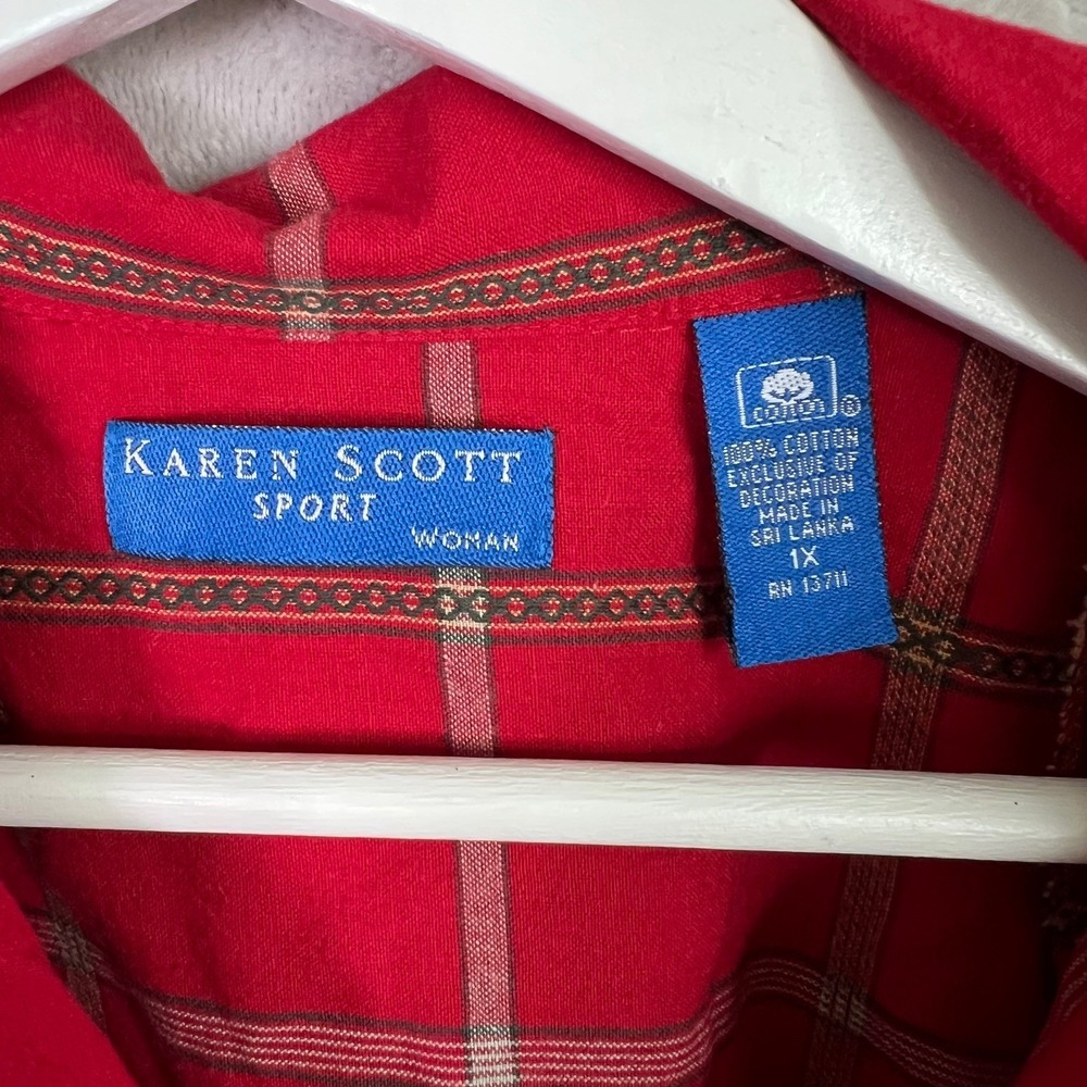Vintage Karen Scott Shirt Womens Red Plaid Scottish Terrier Embroidered Size 1X - Picture 4 of 9